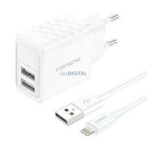 Foneng EU53 hálózati töltő 2xUSB-A csatlakozással és USB-A - Lightning kábellel 2.4A - fehér