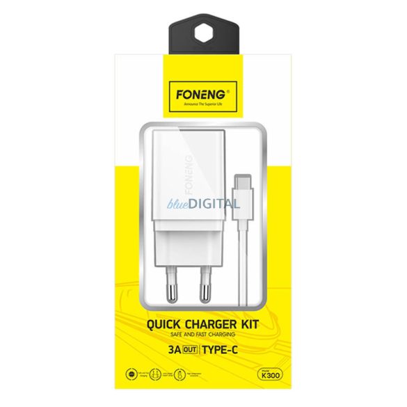 Gyorstöltő Foneng 1x USB K300 + USB-C kábel USB-ről USB-C-re