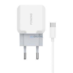 Foneng T210 USB fali töltő 1x USB 25W, 2.1A + USB-C kábel (fehér)