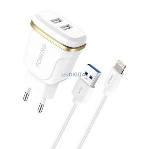 Foneng T240 2x USB fali töltő, 2.4A + USB Lightning kábel (fehér)