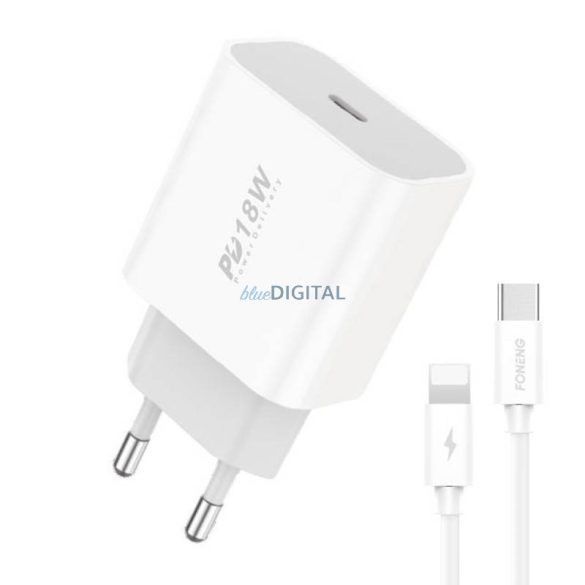 Fali töltő Foneng EU23 18W + USB-C Lightning kábelhez