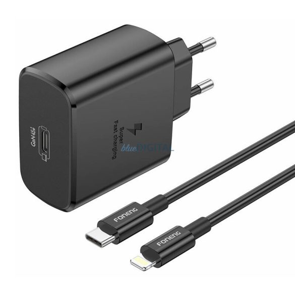 Foneng EU62 hálózati töltő 1xUSB-C csatlakozással és Type-C - Lightning kábellel 45W - fekete