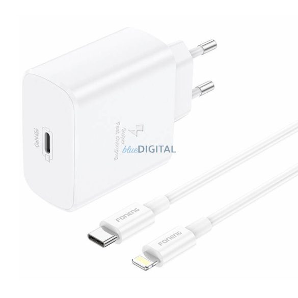 Foneng EU62 hálózati töltő 1xUSB-C csatlakozással és Type-C - Lightning kábellel 45W - fehér