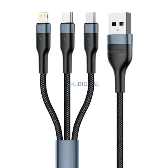 Foneng X51 3 az 1-ben USB USB-C / Micro USB / Lightning kábel, 3A, 1m (fekete)