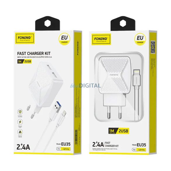 Foneng EU35 2x USB fali töltő + USB-Lightning 2.4A kábel (fehér)