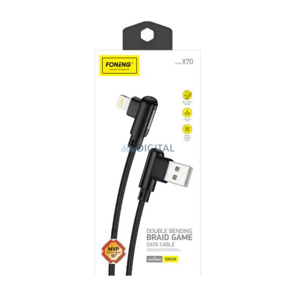 Szögletes USB kábelLightning Foneng X70, 3A, 1m (fekete)