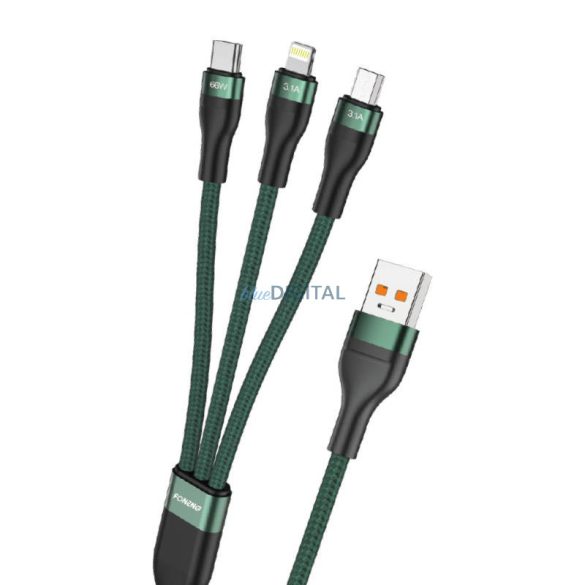 Foneng X78 3 az 1-ben USB USB-C / Lightning / Micro USB kábel, 66W, 1.2m (zöld)