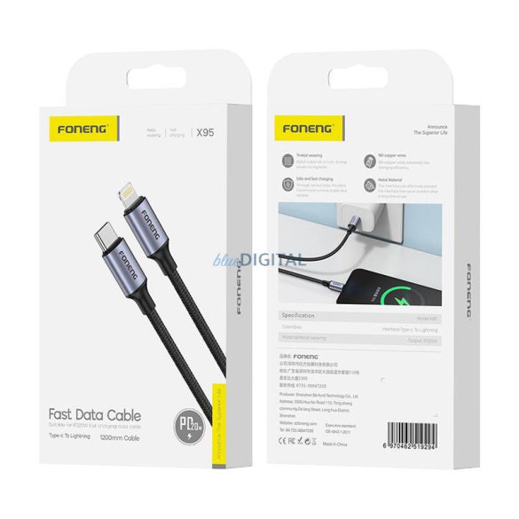 Foneng X95 Pletený kabel USB-C - Lightning s kovovou hlavou PD20W 1,2 m (šedý)