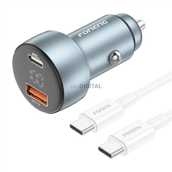 Foneng C18 autós töltő 1xUSB-A és 1xUSB-C csatlakozással + Type-C - Type-C kábellel 48W 2.4A - szürke