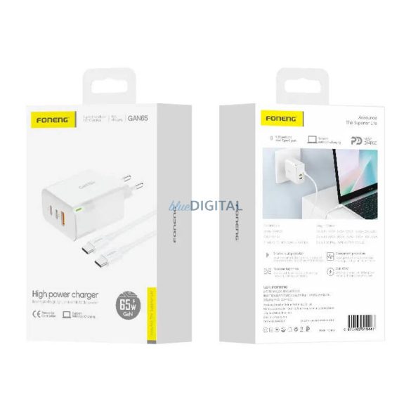 Töltő Foneng GAN65 USB-A, USB-C, USB-C GAN65, 2.4A, 65W (fehér)