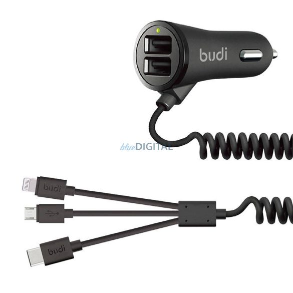 Autós töltő 2x USB B-UDI 068T3, 3.4A + kábel 3 az 1-ben USB do USB-C / Lightning / Micro USB (fekete)