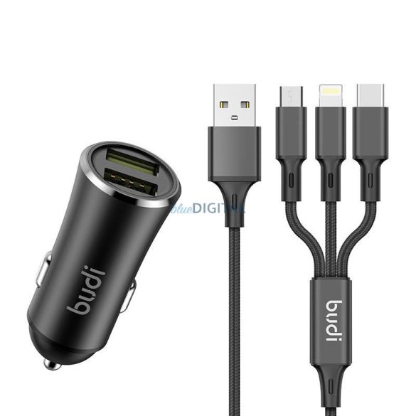 B-UDI autós töltő, 2x USB, 2.4A + 3 az 1-ben USB USB-C / Lightning / Micro USB kábel (fekete)