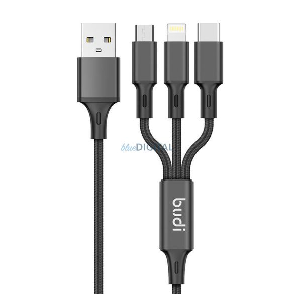 B-UDI autós töltő, 2x USB, 2.4A + 3 az 1-ben USB USB-C / Lightning / Micro USB kábel (fekete)