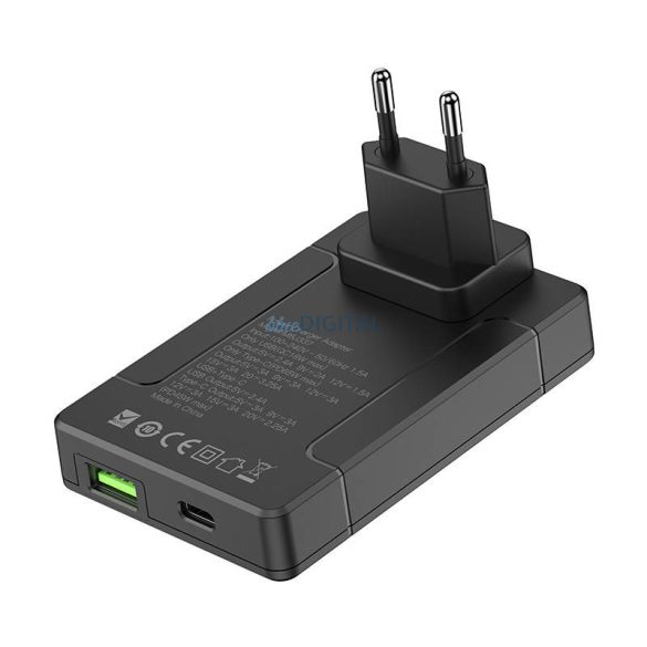 B-UDI univerzális fali töltő, USB + USB-C, PD 65W + EU/UK/US/AU adapterek (fekete)