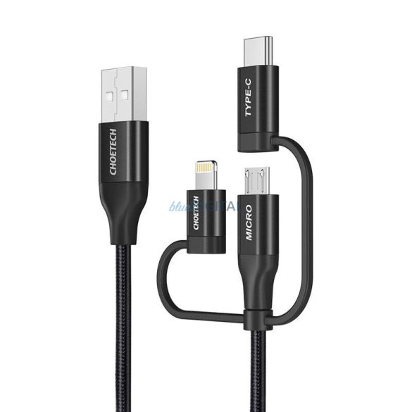 Kábel Choetech IP0030, MFi 3 az 1-ben, USB-A/Lightning/Micro USB/USB-C, 5V, 1,2m (fekete)