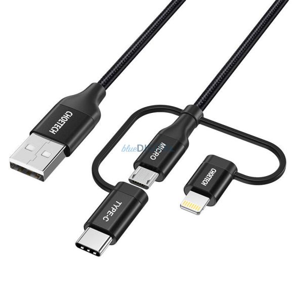 Kábel Choetech IP0030, MFi 3 az 1-ben, USB-A/Lightning/Micro USB/USB-C, 5V, 1,2m (fekete)