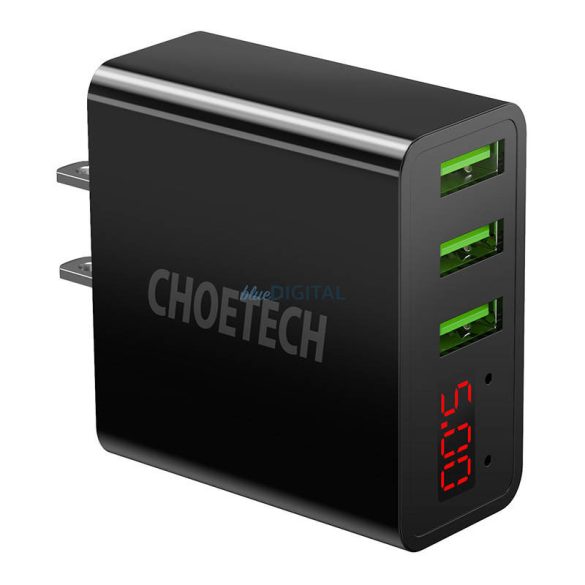 Choetech C0026 fali töltő, amerikai csatlakozó, 3x USB-Cdigitális kijelző 15W (fekete)