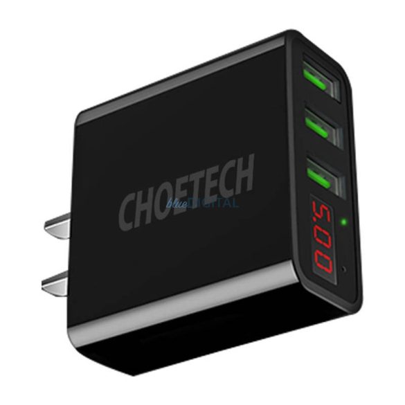 Choetech C0026 fali töltő, amerikai csatlakozó, 3x USB-Cdigitális kijelző 15W (fekete)