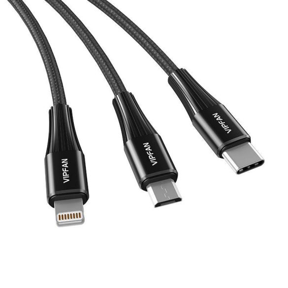 Vipfan X16 3w1 USB-C/Lightning/Micro 3.5A 1.5m USB kábel (czarny)