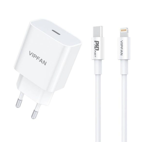 Vipfan E04 fali töltő, USB-C, 20W, QC 3.0 + Lightning kábel (fehér)