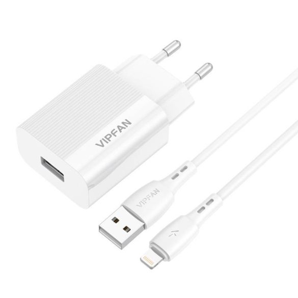 Vipfan E01 hálózati töltő, 1x USB, 2,4A + Lightning kábel (fehér)