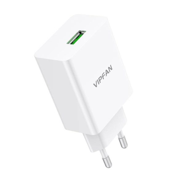Vipfan E03 fali töltő, 1x USB, 18W, QC 3.0 + Micro USB kábel (fehér)