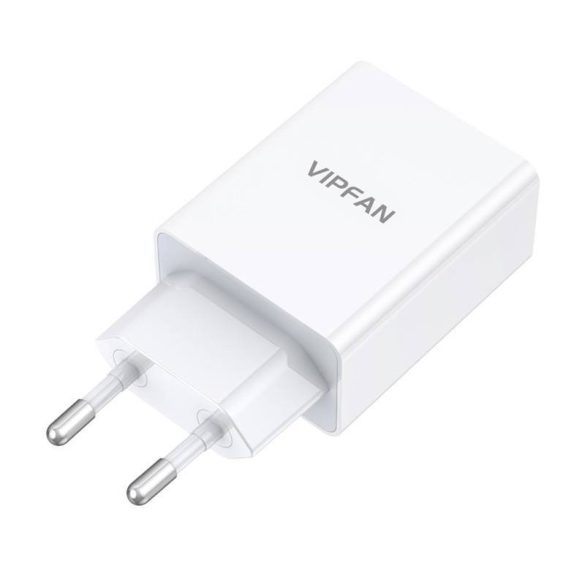Vipfan E03 fali töltő, 1x USB, 18W, QC 3.0 + USB-C kábel (fehér)