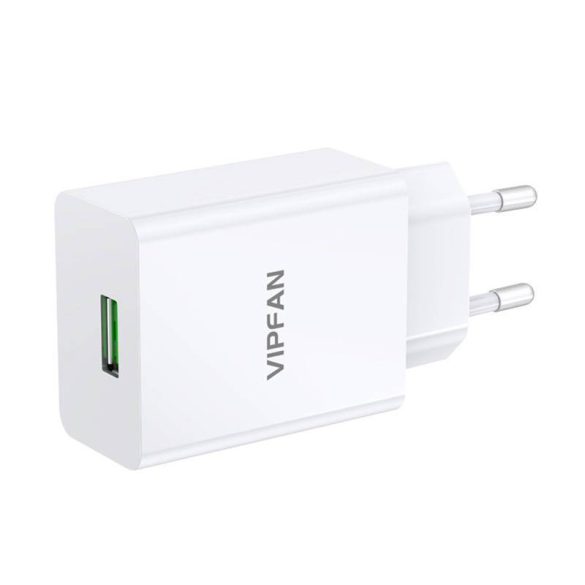Vipfan E03 fali töltő, 1x USB, 18W, QC 3.0 + USB-C kábel (fehér)