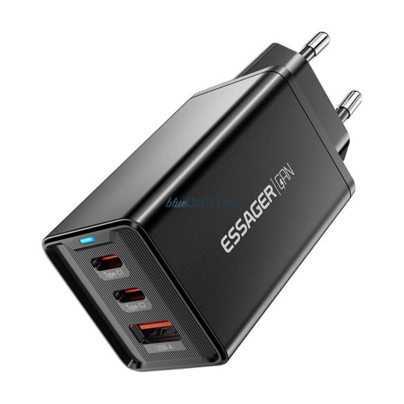 Essager ECTAC-KSB01-Z hálózati töltő 1xUSB-A és 2xUSB-C csatlakozással GaN 67W - fekete