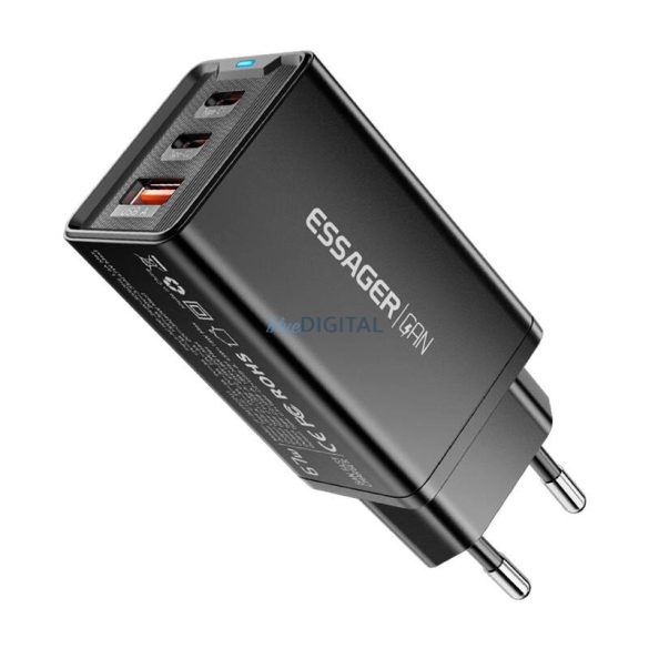 Essager ECTAC-KSB01-Z hálózati töltő 1xUSB-A és 2xUSB-C csatlakozással GaN 67W - fekete