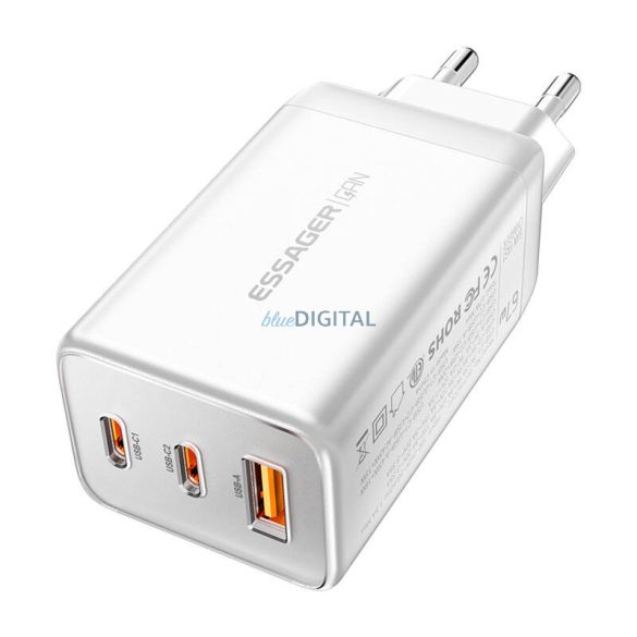 Essager ECTAC-KSB02-Z hálózati töltő 1xUSB-A és 2xUSB-C csatlakozással GaN 67W - fehér