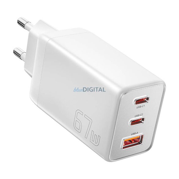 Essager ECTAC-KSB02-Z hálózati töltő 1xUSB-A és 2xUSB-C csatlakozással GaN 67W - fehér