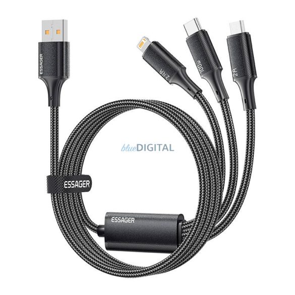 Essager EXCMTL-JJ01-P USB-A - Type-C/Lightning/microUSB kábel 100W 7A 480Mbps 1.2m - fekete