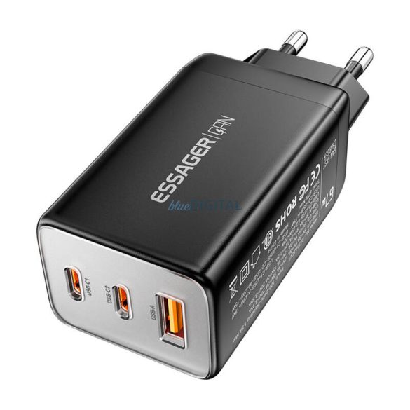 Essager ECT67W-LJB01-Z hálózati töltő 1xUSB-A és 2xUSB-C csatlakozással GaN 67W - fekete