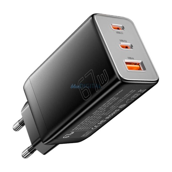 Essager ECT67W-LJB01-Z hálózati töltő 1xUSB-A és 2xUSB-C csatlakozással GaN 67W - fekete