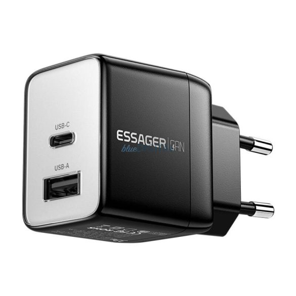 Essager ECT33W-LJB01-Z hálózati töltő 1xUSB-A és 1xUSB-C csatlakozással GaN 33W - fekete