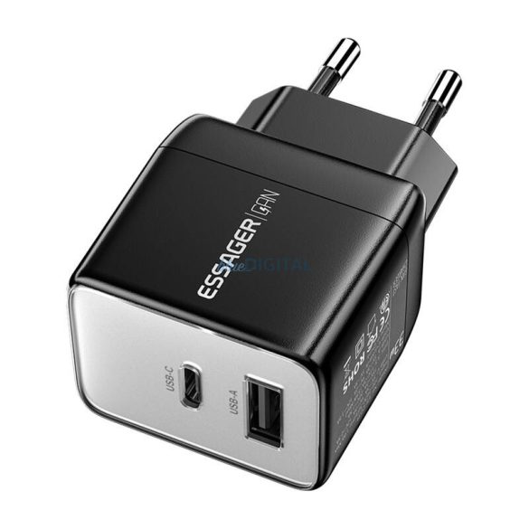 Essager ECT33W-LJB01-Z hálózati töltő 1xUSB-A és 1xUSB-C csatlakozással GaN 33W - fekete