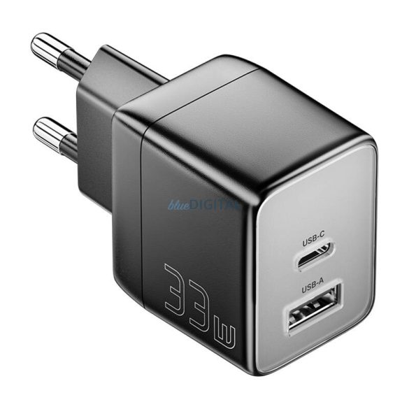 Essager ECT33W-LJB01-Z hálózati töltő 1xUSB-A és 1xUSB-C csatlakozással GaN 33W - fekete