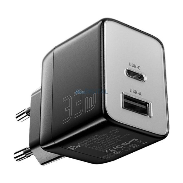 Essager ECT33W-LJB01-Z hálózati töltő 1xUSB-A és 1xUSB-C csatlakozással GaN 33W - fekete