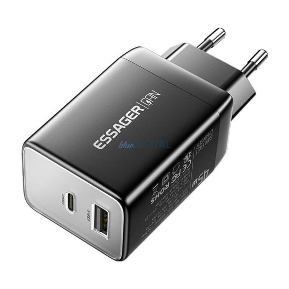 Essager ECT45W-LJB01-Z hálózati töltő 1xUSB-A és 1xUSB-C csatlakozással 45W - fekete