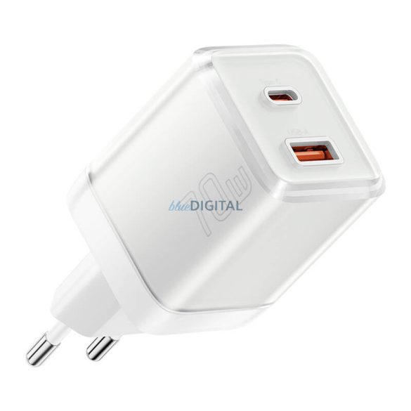 Essager Yueqi hálózati töltő 1xUSB-A és 1xUSB-C csatlakozással 70W GaN - fehér