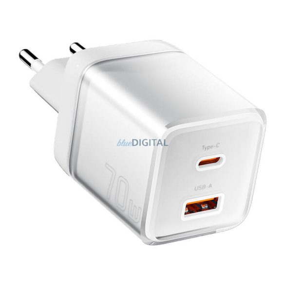 Essager Yueqi hálózati töltő 1xUSB-A és 1xUSB-C csatlakozással 70W GaN - fehér