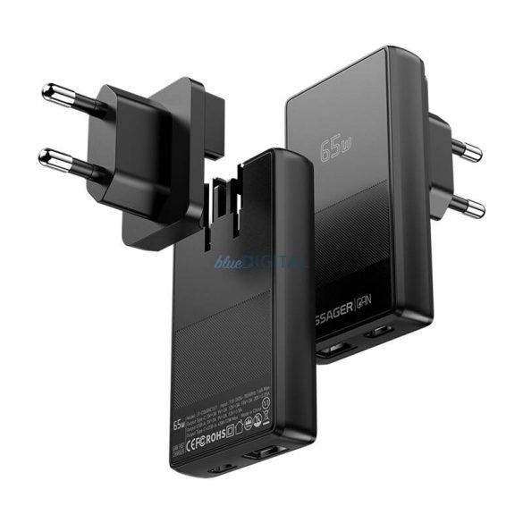 Essager ECT65W-QCB01-Z hálózati töltő 1xUSB-A és 1xUSB-C csatlakozással GaN 65W - fekete