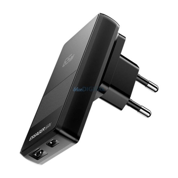 Essager ECT65W-QCB01-Z hálózati töltő 1xUSB-A és 1xUSB-C csatlakozással GaN 65W - fekete