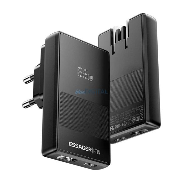 Essager ECT65W-QCB01-Z hálózati töltő 1xUSB-A és 1xUSB-C csatlakozással GaN 65W - fekete