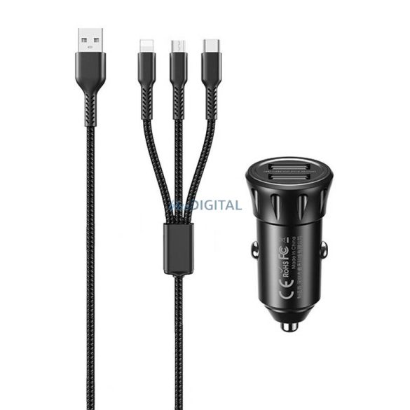 Autós töltő 2x USB, Remax RCC236, 2,4A (fekete) + 3 az 1-ben kábel