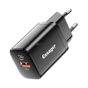 Essager hálózati töltő 1xUSB-A és 1xUSB-C csatlakozással PD QC 30W - fekete