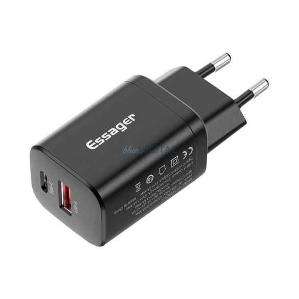 Essager hálózati töltő 1xUSB-A és 1xUSB-C csatlakozással PD QC 30W - fekete