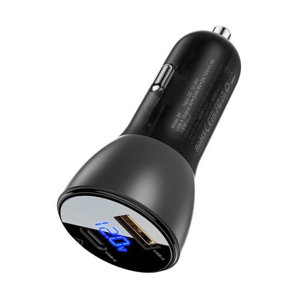 Autótöltő Acefast B6 63W, USB + USB-C, kijelzővel (fekete)