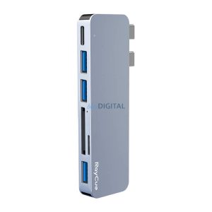 RayCue USB Hub 6in2 2x USB-C Thunderbolt 3-hoz + 3x USB-A 3.0 5Gbps + SD/TF 2.0 (szürke)